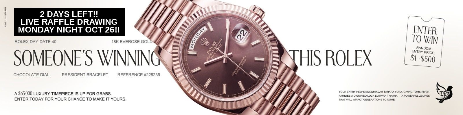 Win a $65,000 Rolex Day-Date – tickets from $1